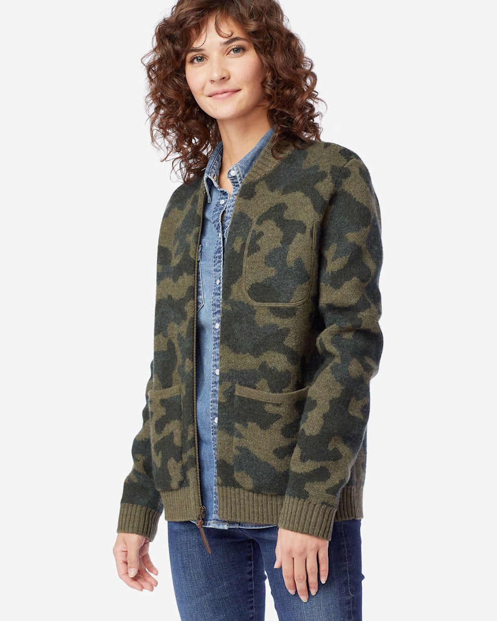 WOMEN'S BOILED WOOL BOMBER JACKET IN OLIVE CAMO image number 1