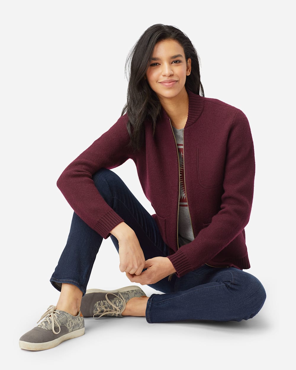 WOMEN'S BOILED WOOL BOMBER JACKET IN WINE image number 1