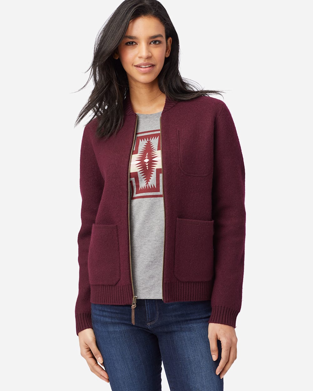 ALTERNATE VIEW OF WOMEN'S BOILED WOOL BOMBER JACKET IN WINE image number 3