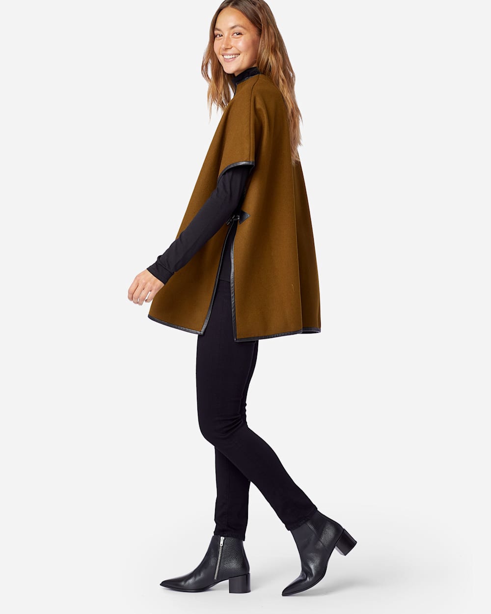 ALTERNATE VIEW OF WOMEN'S LEATHER TRIM ECO-WISE WOOL CAPE IN SMOKY OLIVE image number 2