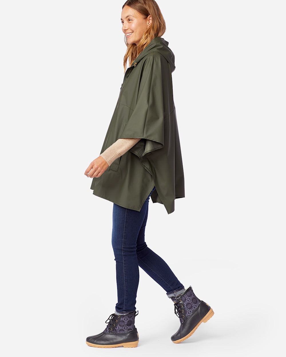 WOMEN'S ZIP FRONT RAIN PONCHO IN OLIVE image number 1