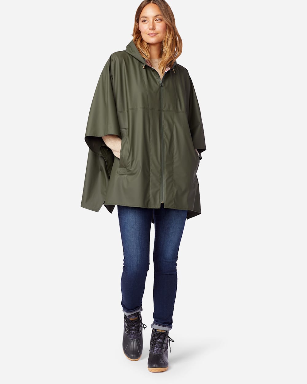 ALTERNATE VIEW OF WOMEN'S ZIP FRONT RAIN PONCHO IN OLIVE image number 3