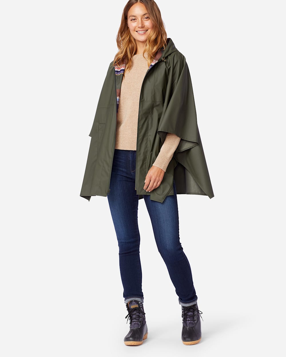 ALTERNATE VIEW OF WOMEN'S ZIP FRONT RAIN PONCHO IN OLIVE image number 5