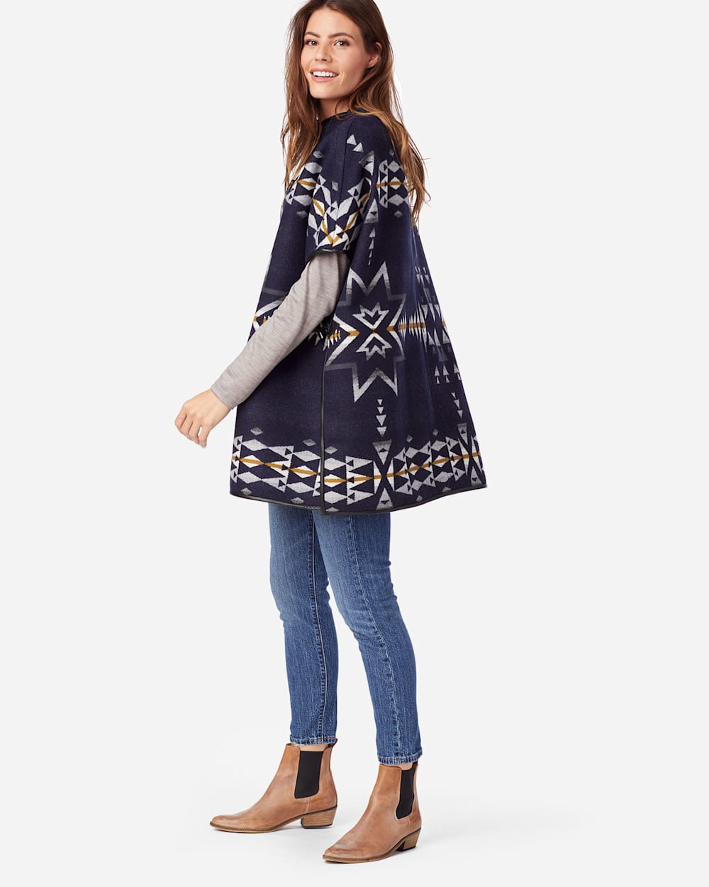 WOMEN'S LEATHER TRIM JACQUARD CAPE image number 2