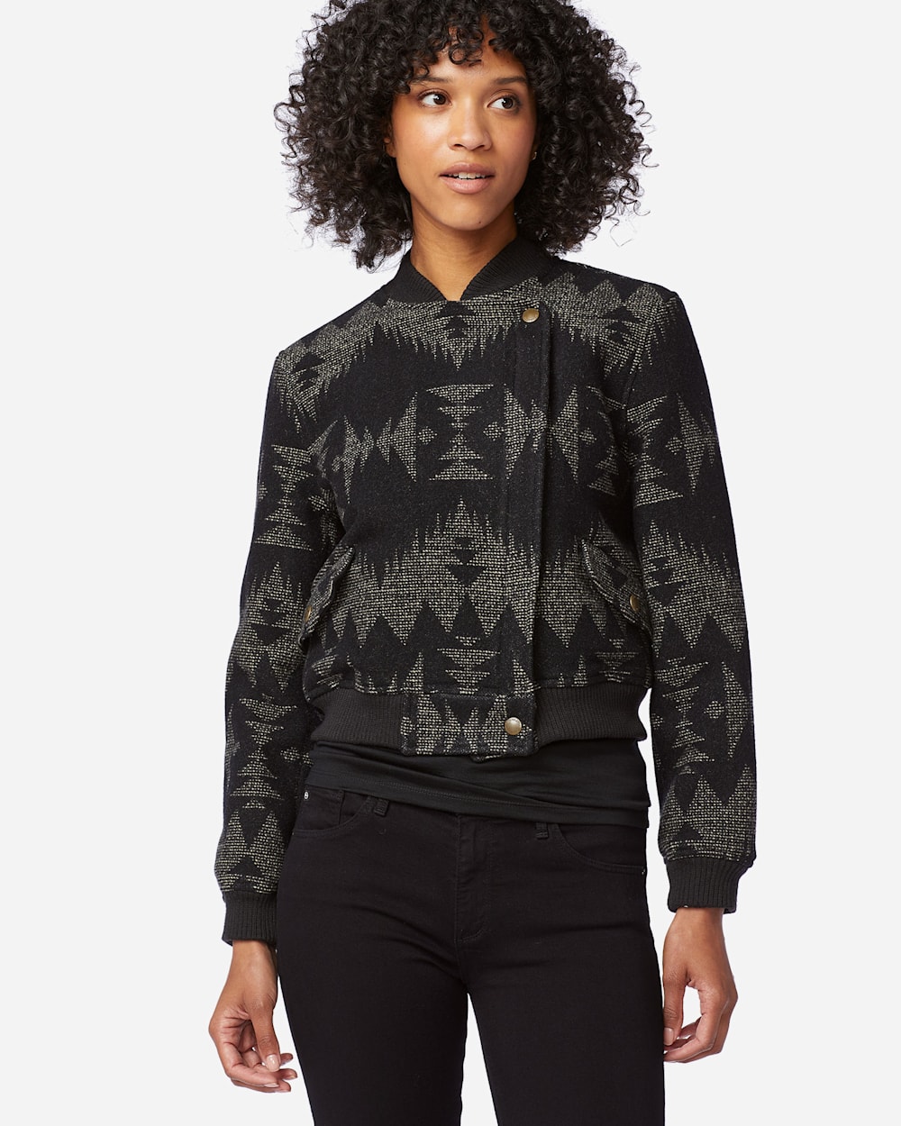ALTERNATE VIEW OF WOMEN'S JACQUARD BOMBER JACKET IN BLACK SONORA image number 2