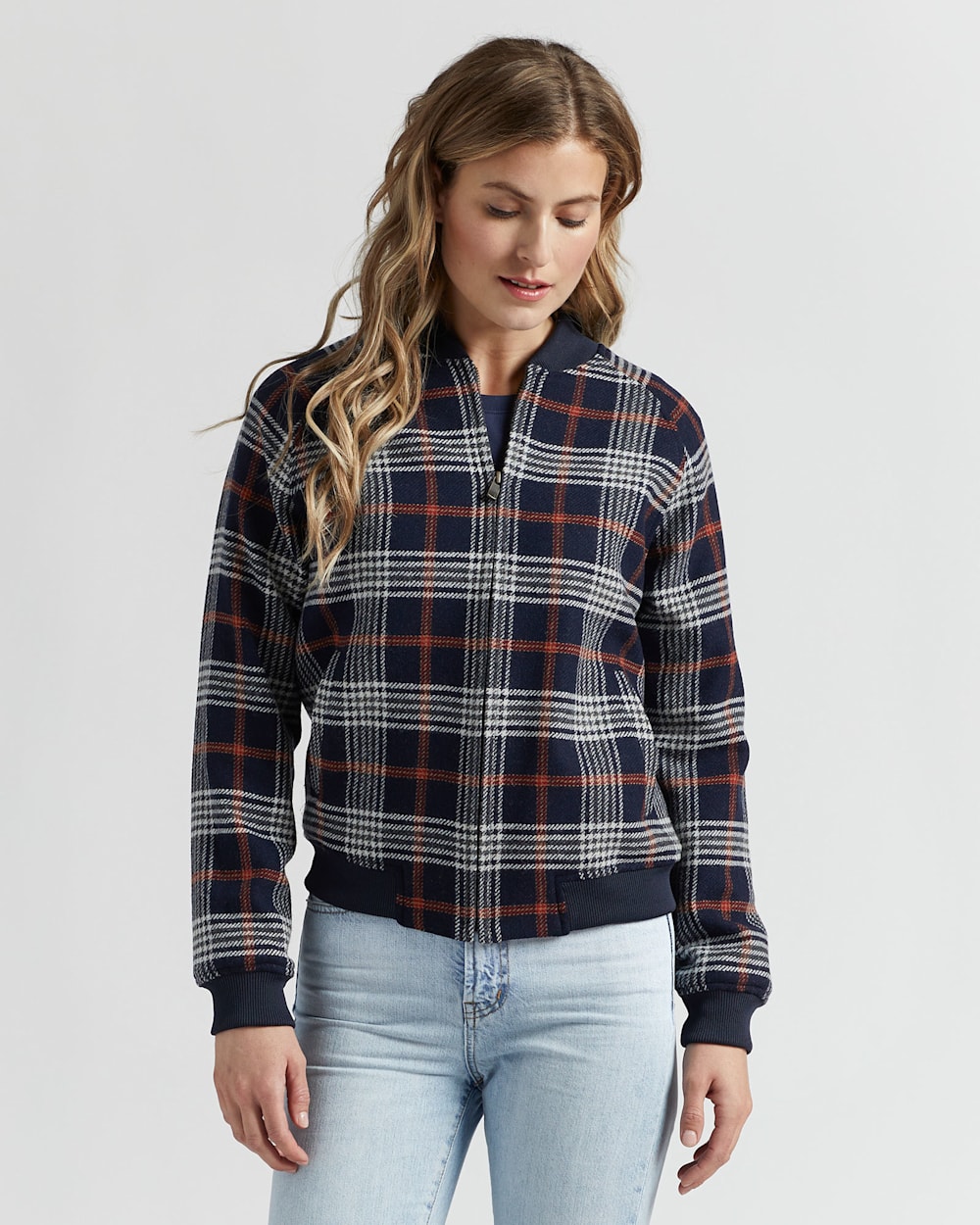 WOMEN'S WOOL PLAID BOMBER JACKET IN NAVY/RED PLAID image number 1