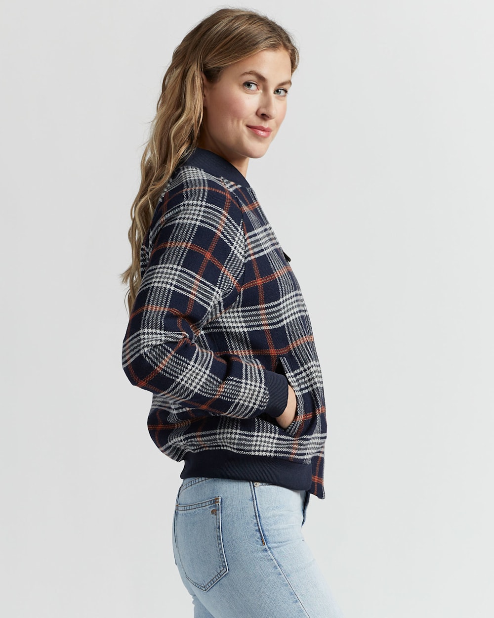 ALTERNATE VIEW OF WOMEN'S WOOL PLAID BOMBER JACKET IN NAVY/RED PLAID image number 2