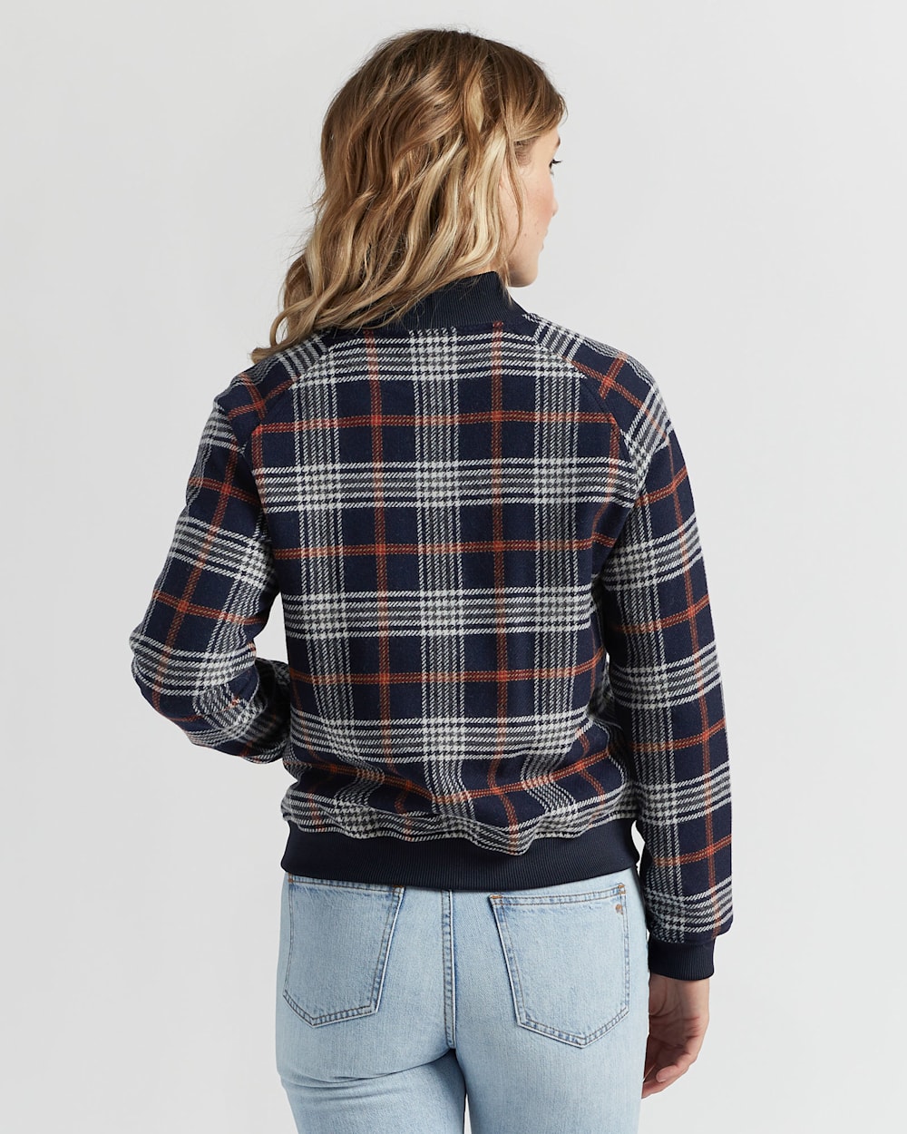 WOMEN'S WOOL PLAID BOMBER JACKET IN NAVY/RED PLAID image number 3
