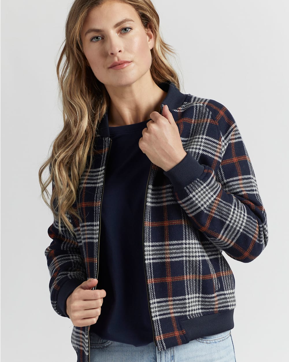 WOMEN'S WOOL PLAID BOMBER JACKET IN NAVY/RED PLAID image number 4