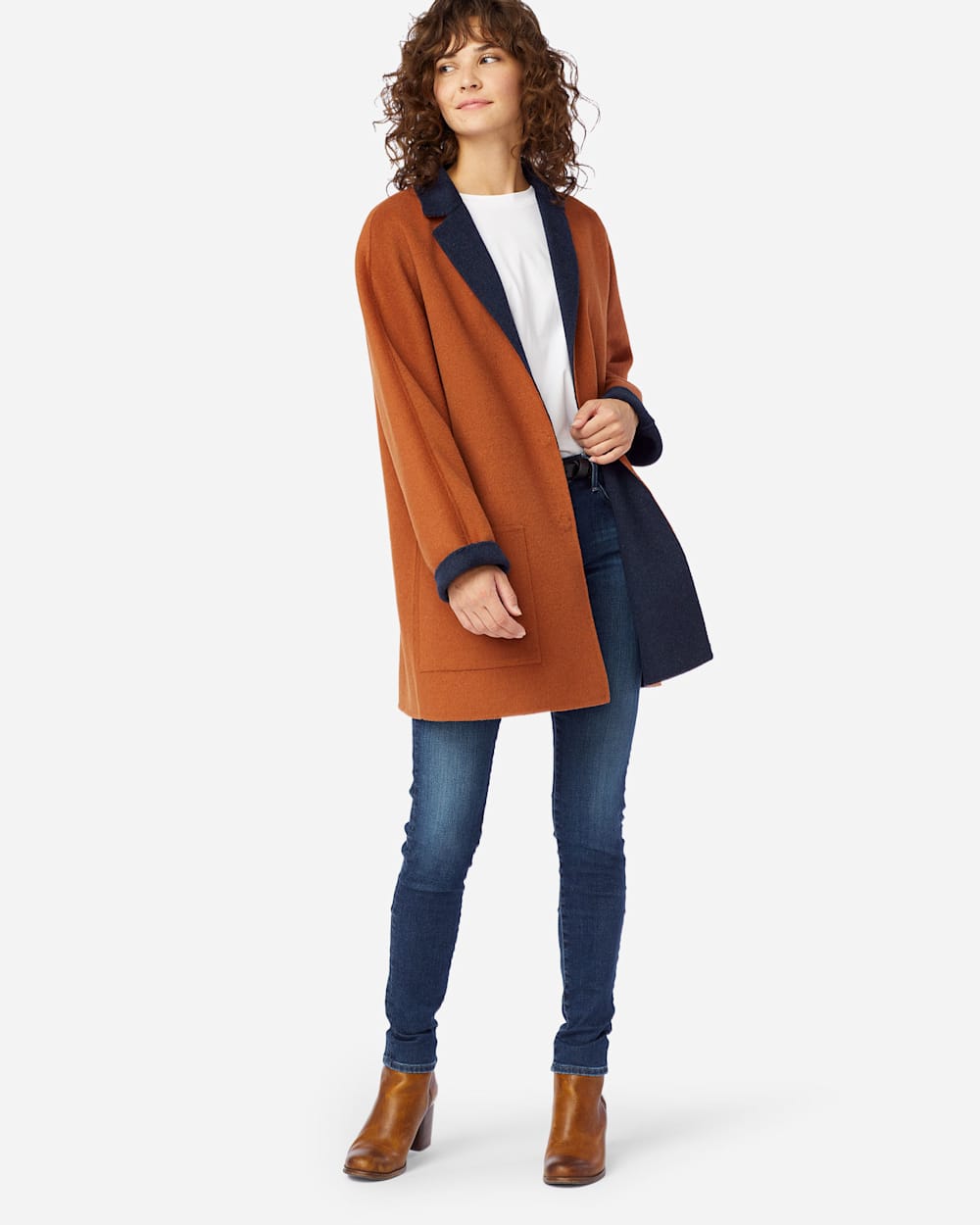 WOMEN'S DOUBLE FACE LONG JACKET IN GINGERBREAD/NAVY image number 1