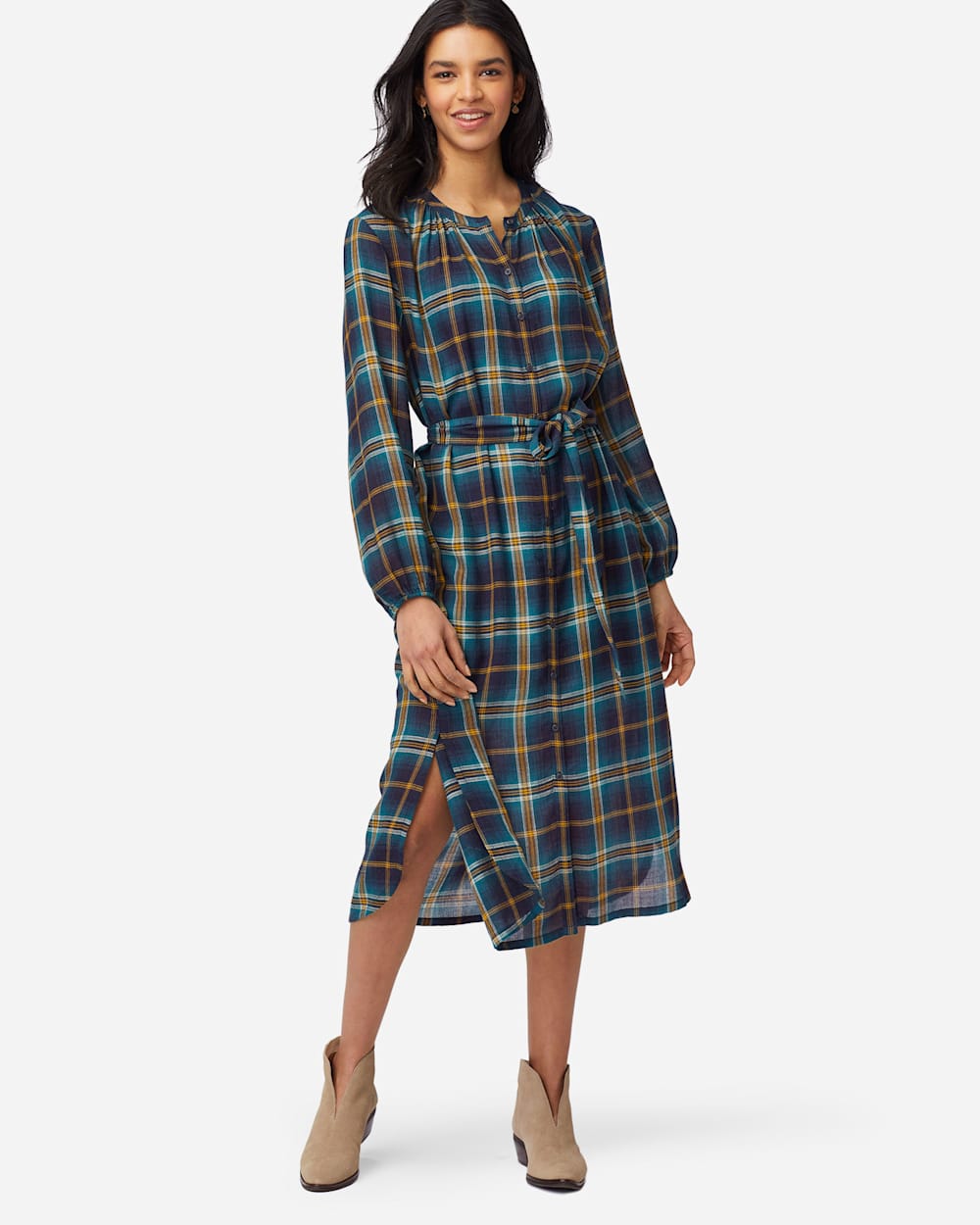 BUTTON-FRONT PLAID DRESS IN BLUE PLAID image number 1