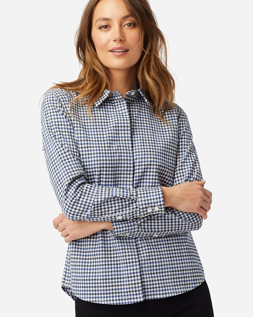 WOMEN'S STRETCH MERINO COOPER SHIRT IN WHITE/BLUE CHECK image number 1