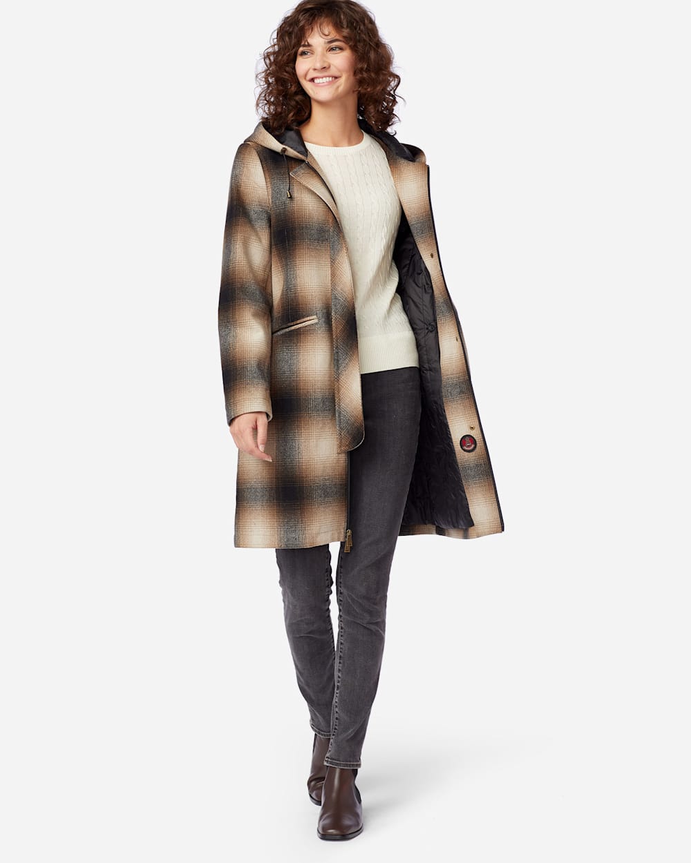 ALTERNATE VIEW OF WOMEN'S STANFORD INSULATED WALKER COAT IN IVORY/BLACK/MOCHA PLAID image number 2