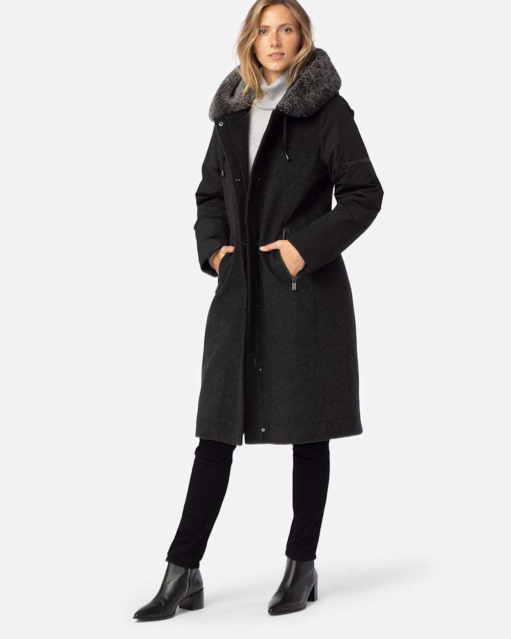 WOMEN'S ALBANY SHEARLING-HOODED COAT IN CHARCOAL/BLACK image number 1