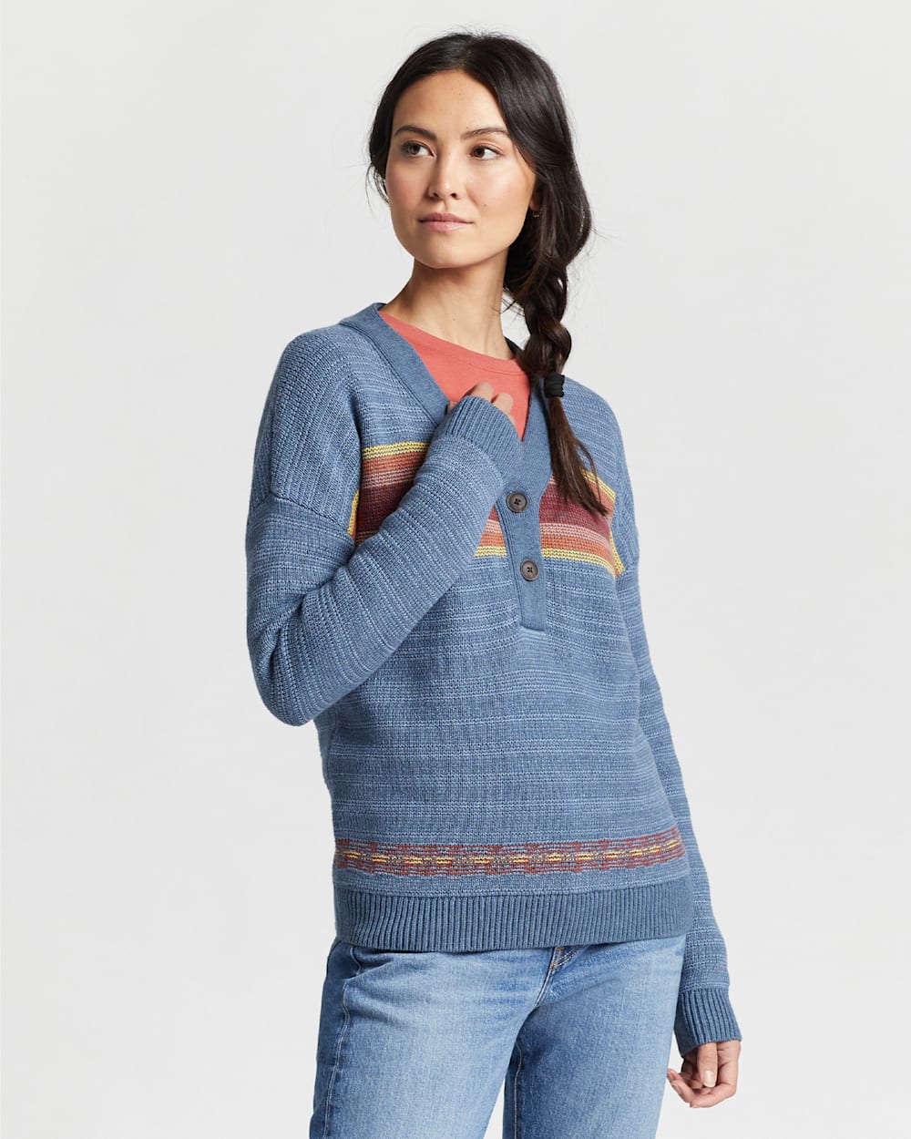 WOMEN'S V-NECK HENLEY GRAPHIC SWEATER IN BLUE MULTI image number 1