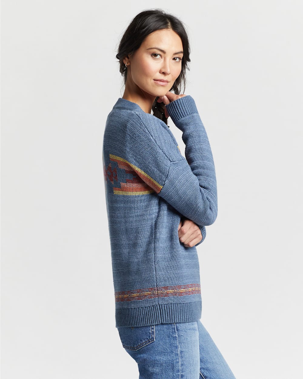 ALTERNATE VIEW OF WOMEN'S V-NECK HENLEY GRAPHIC SWEATER IN BLUE MULTI image number 3