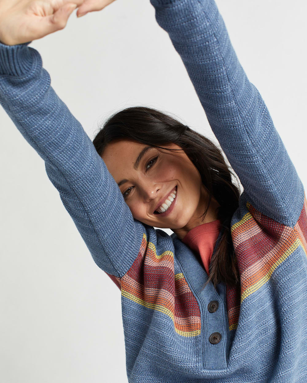 ALTERNATE VIEW OF WOMEN'S V-NECK HENLEY GRAPHIC SWEATER IN BLUE MULTI image number 5