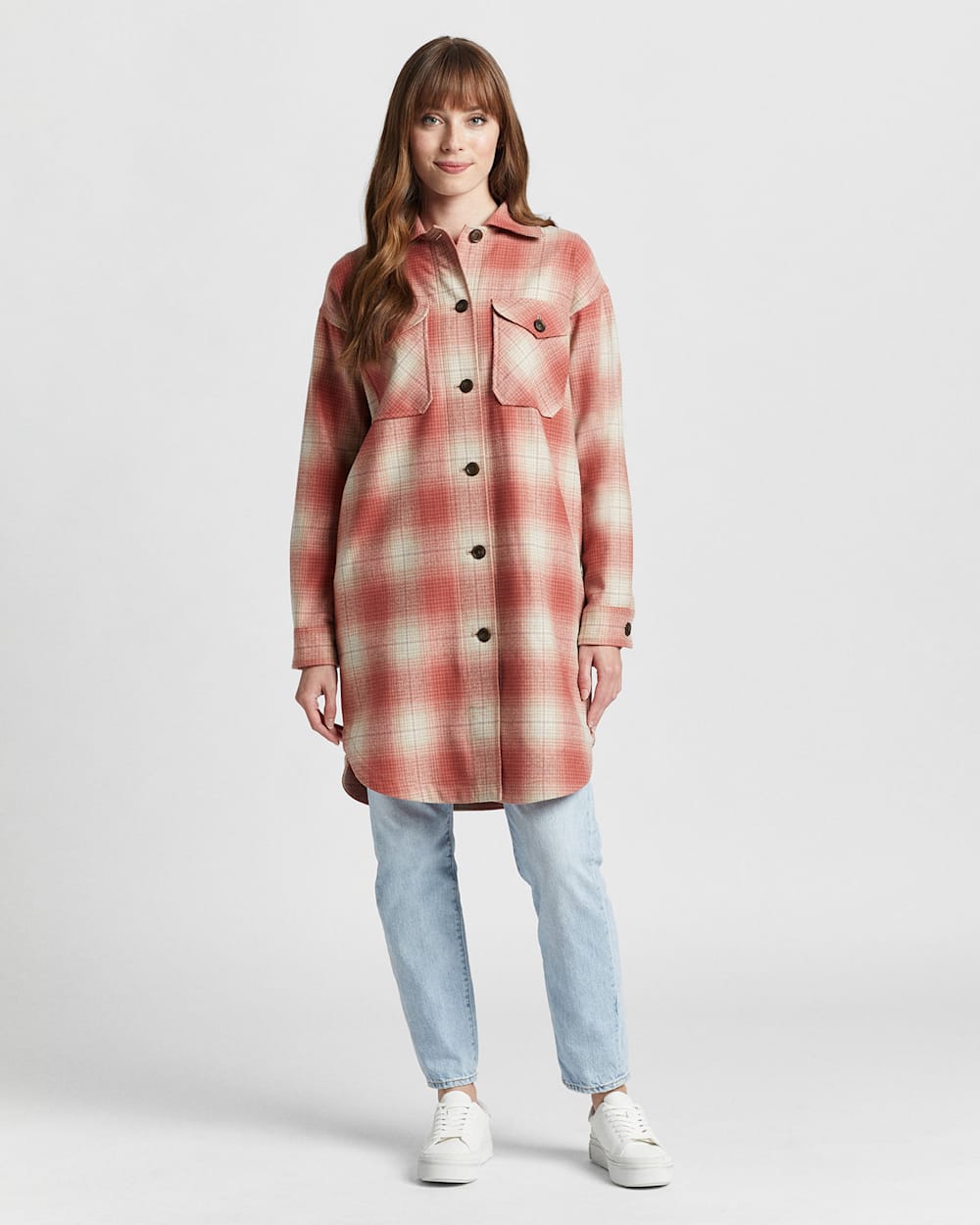 ALTERNATE VIEW OF WOMEN'S WOOL OVERSHIRT IN CORAL OMBRE PLAID image number 2
