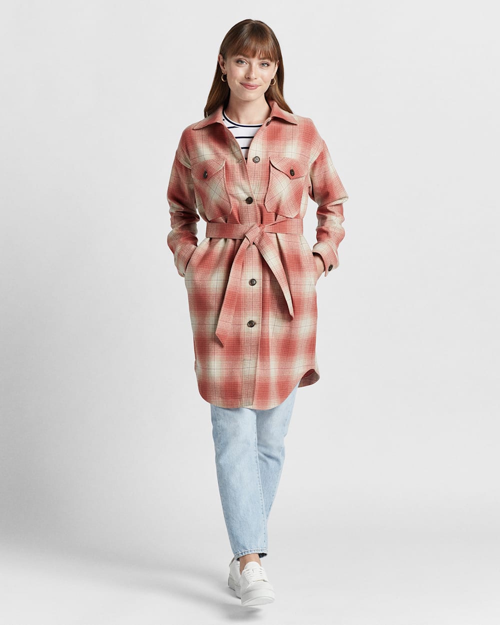 ALTERNATE VIEW OF WOMEN'S WOOL OVERSHIRT IN CORAL OMBRE PLAID image number 3