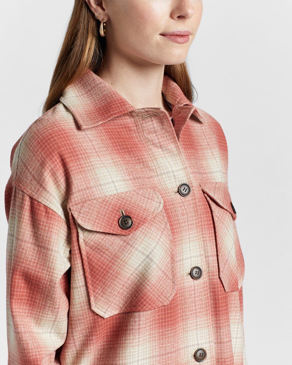 ALTERNATE VIEW OF WOMEN'S WOOL OVERSHIRT IN CORAL OMBRE PLAID image number 5