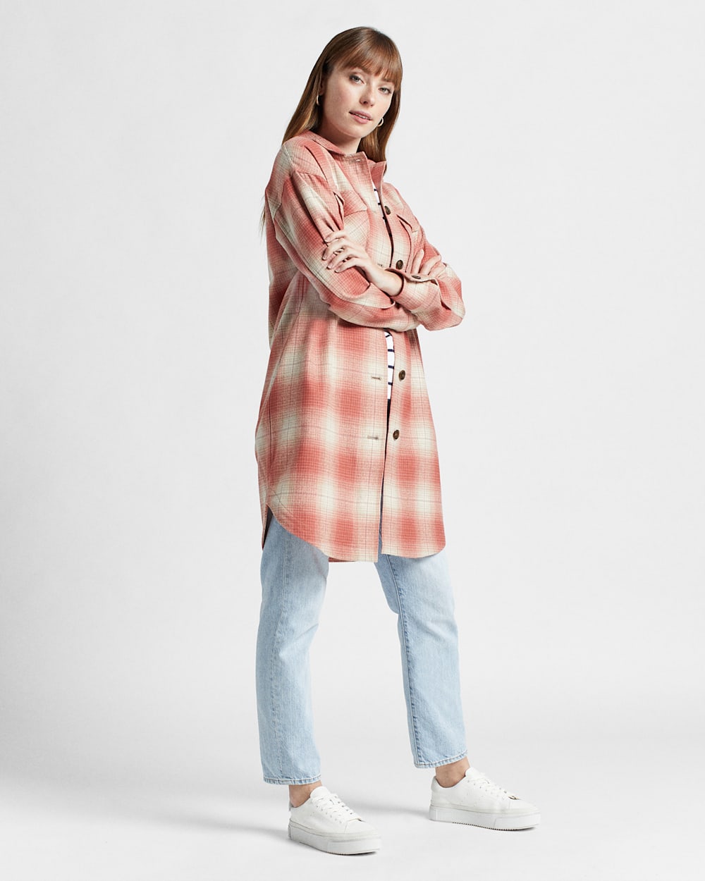 ALTERNATE VIEW OF WOMEN'S WOOL OVERSHIRT IN CORAL OMBRE PLAID image number 7