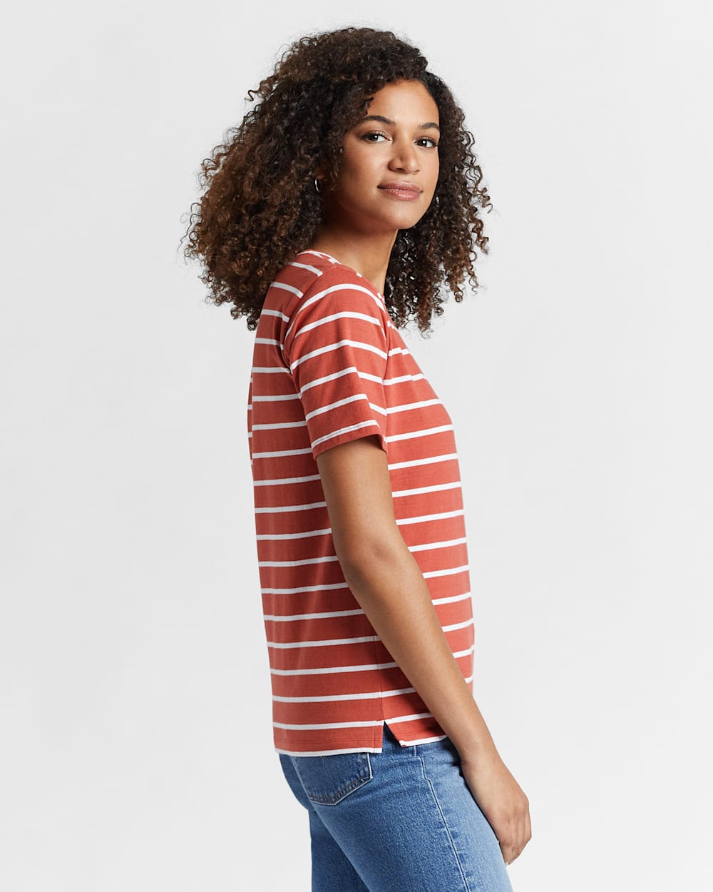ALTERNATE VIEW OF WOMEN'S DESCHUTES STRIPE TEE IN SPICE RED/WHITE image number 2