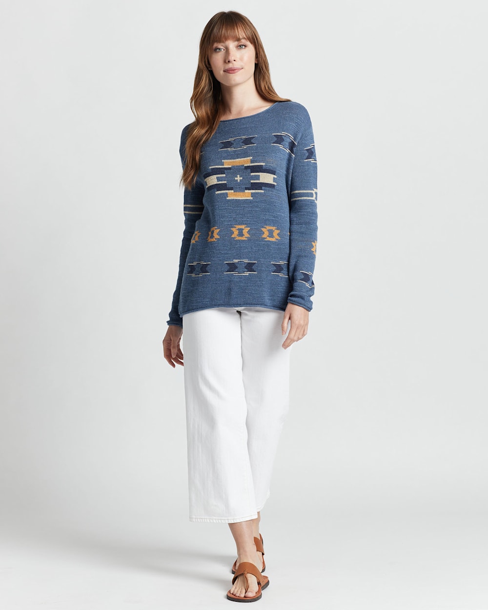WOMEN'S LONG-SLEEVE GRAPHIC PULLOVER IN BLUE DENIM MULTI image number 1