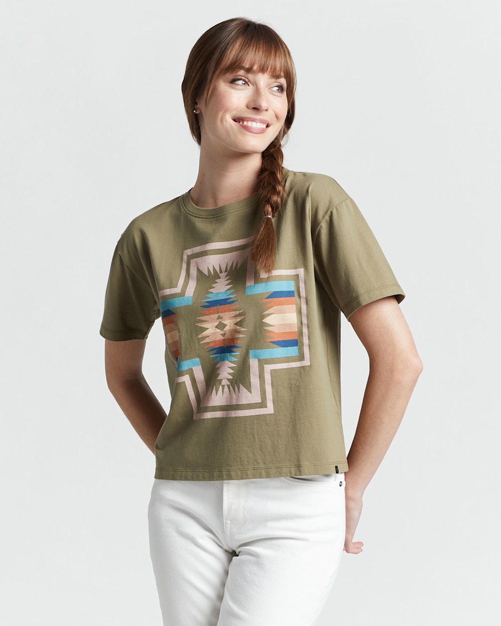 WOMEN'S CROPPED DESCHUTES HARDING TEE IN DUSTY GREEN image number 1