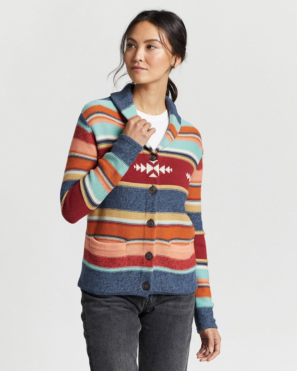 WOMEN'S STRIPE SHAWL-COLLAR CARDIGAN IN NAVY MULTI image number 1