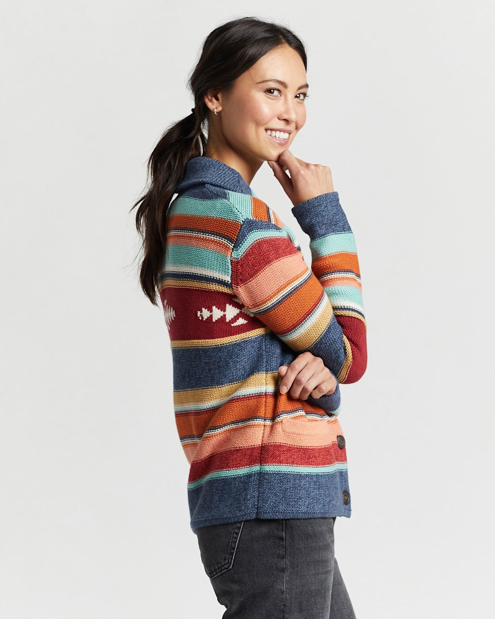 WOMEN'S STRIPE SHAWL-COLLAR CARDIGAN IN NAVY MULTI image number 2