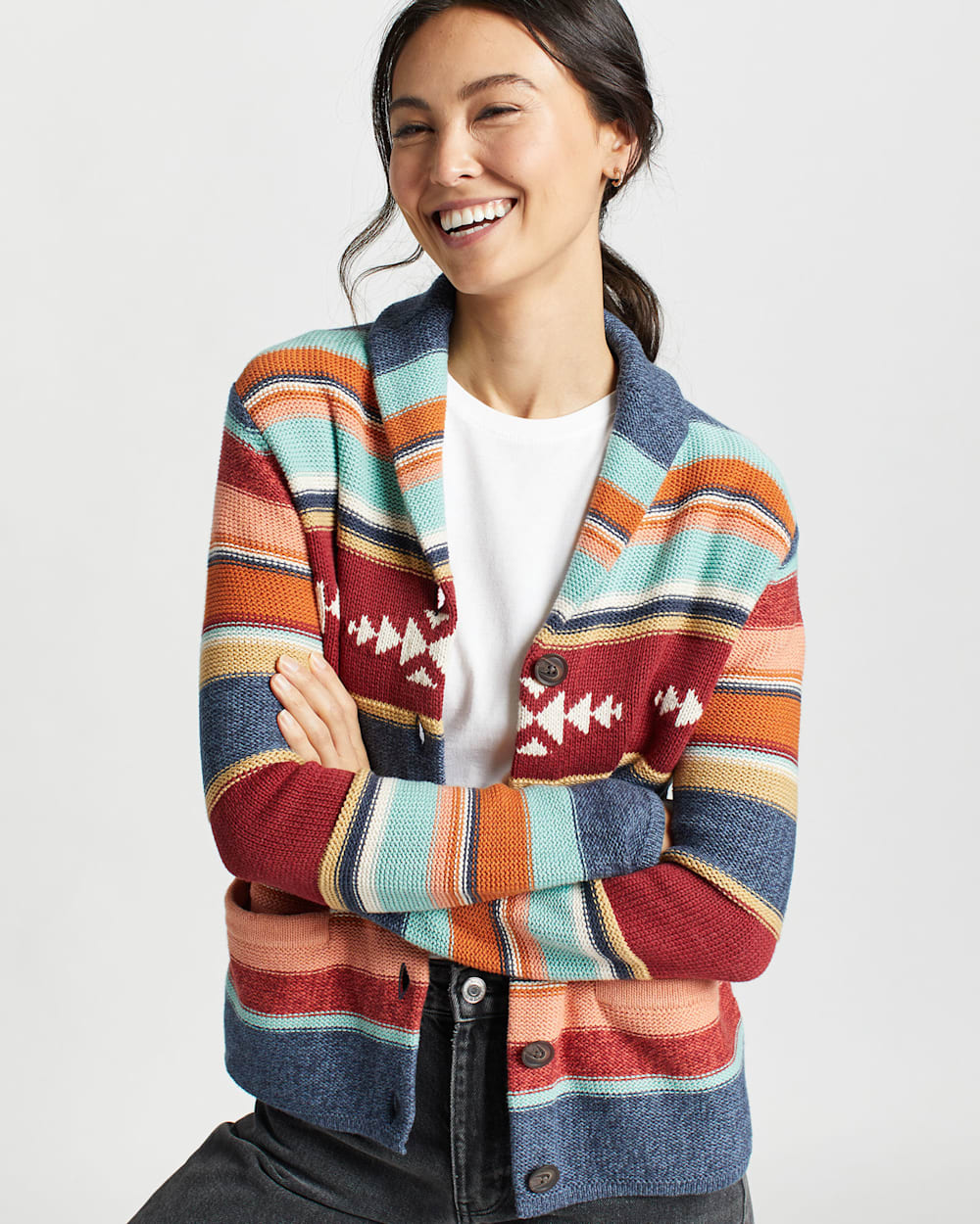 WOMEN'S STRIPE SHAWL-COLLAR CARDIGAN IN NAVY MULTI image number 5