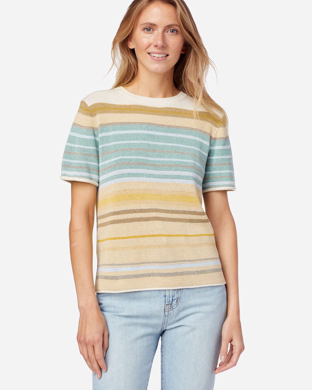 WOMEN'S STRIPE SHORT-SLEEVE SWEATER TEE IN GOLD/AQUA image number 1