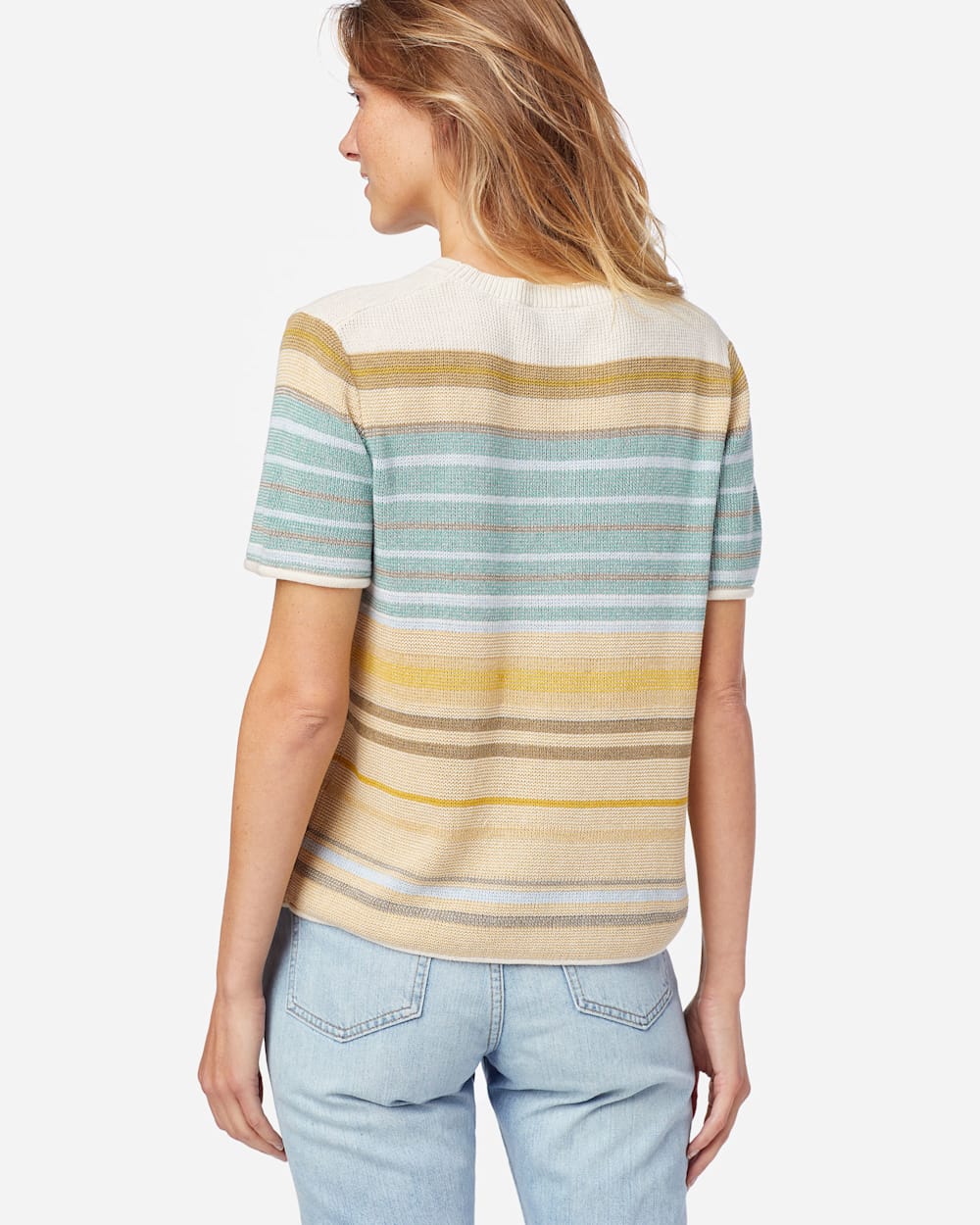 ALTERNATE VIEW OF WOMEN'S STRIPE SHORT-SLEEVE SWEATER TEE IN GOLD/AQUA image number 2