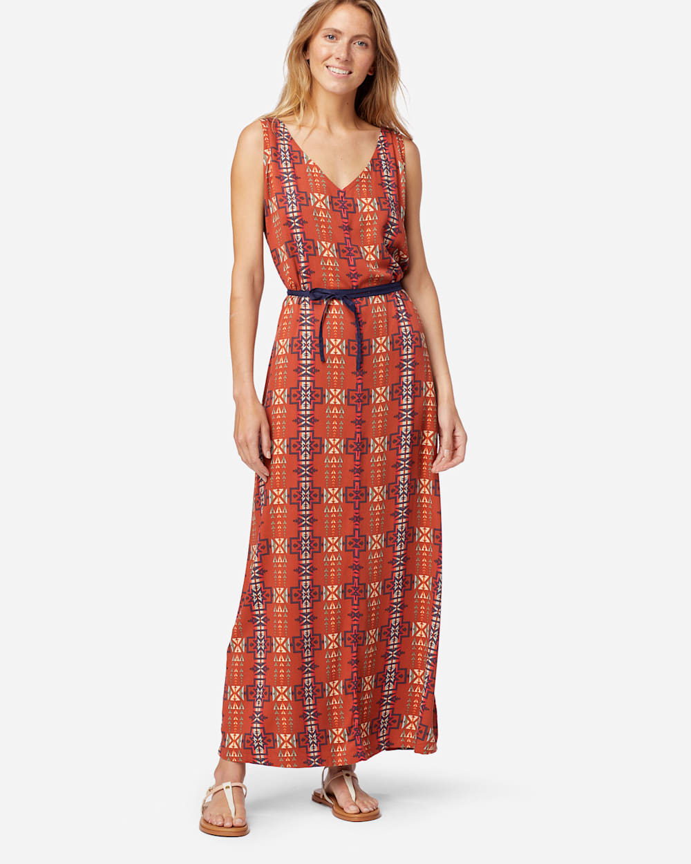 SLEEVELESS PATTERNED MAXI DRESS IN RED OCHRE image number 1