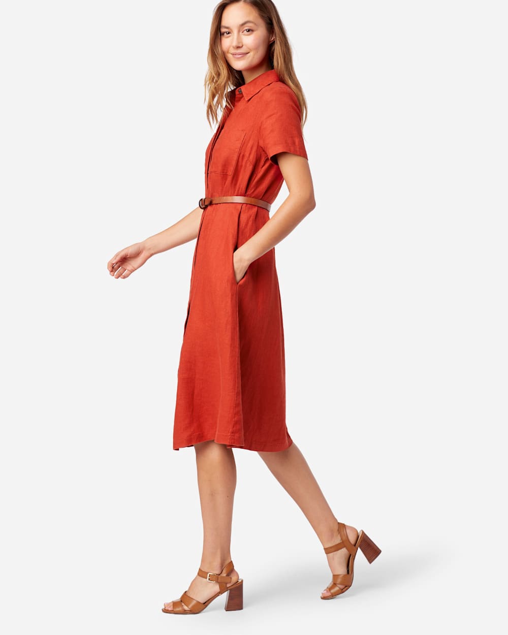 ALTERNATE VIEW OF A-LINE LINEN SHIRT DRESS IN RED OCHRE image number 2