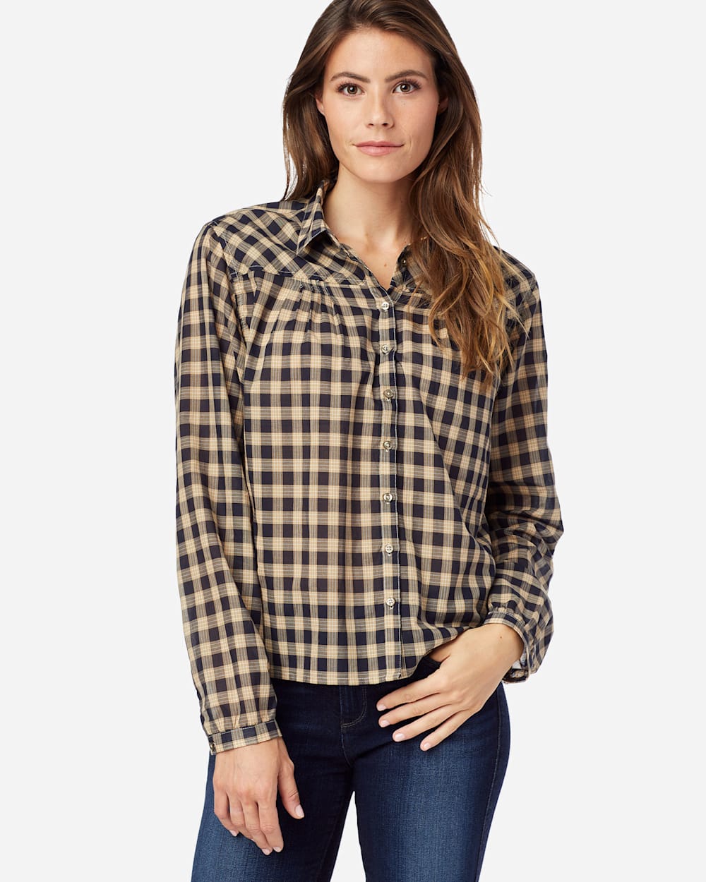 WOMEN' S AIRY COTTON SHIRT IN NAVY/TAN CHECK image number 1