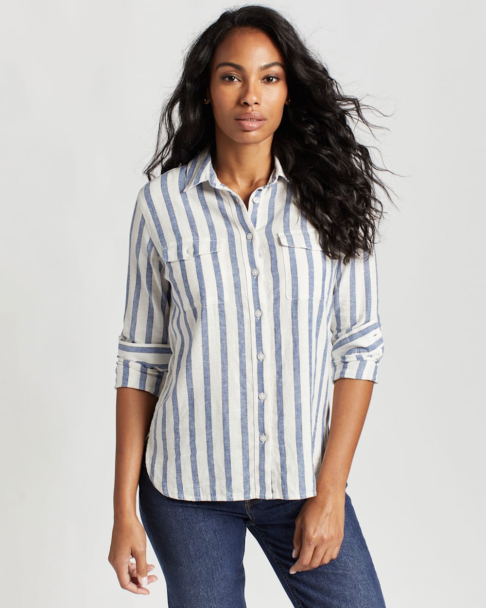 ALTERNATE VIEW OF WOMEN'S LONG-SLEEVE TWO POCKET SHIRT IN BLUE STRIPE image number 6