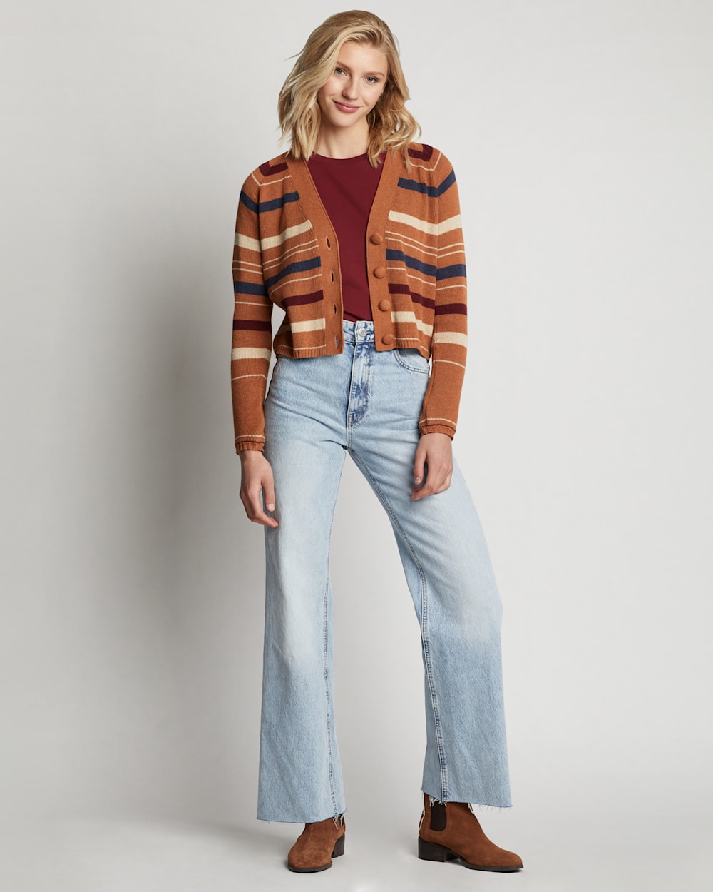 WOMEN'S CROPPED COTTON CARDIGAN IN ADOBE BROWN MULTI image number 1