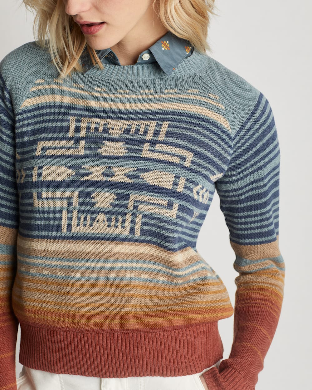 売れ筋商品|||ペンドルトン ニット&セーター アウター レディース Raglan Cotton Sweater - Women's Indigo Rust Heather Shop Relaxed Women's Sunset Raglan Cotton Sweaters | Pendleton