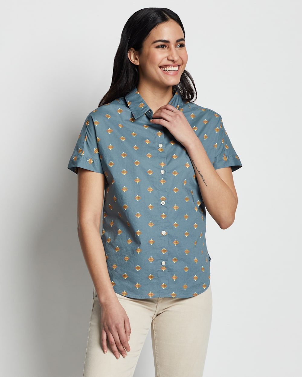 ALTERNATE VIEW OF WOMEN'S SHORT-SLEEVE COTTON SHIRT IN STORMY BLUE MULTI image number 5