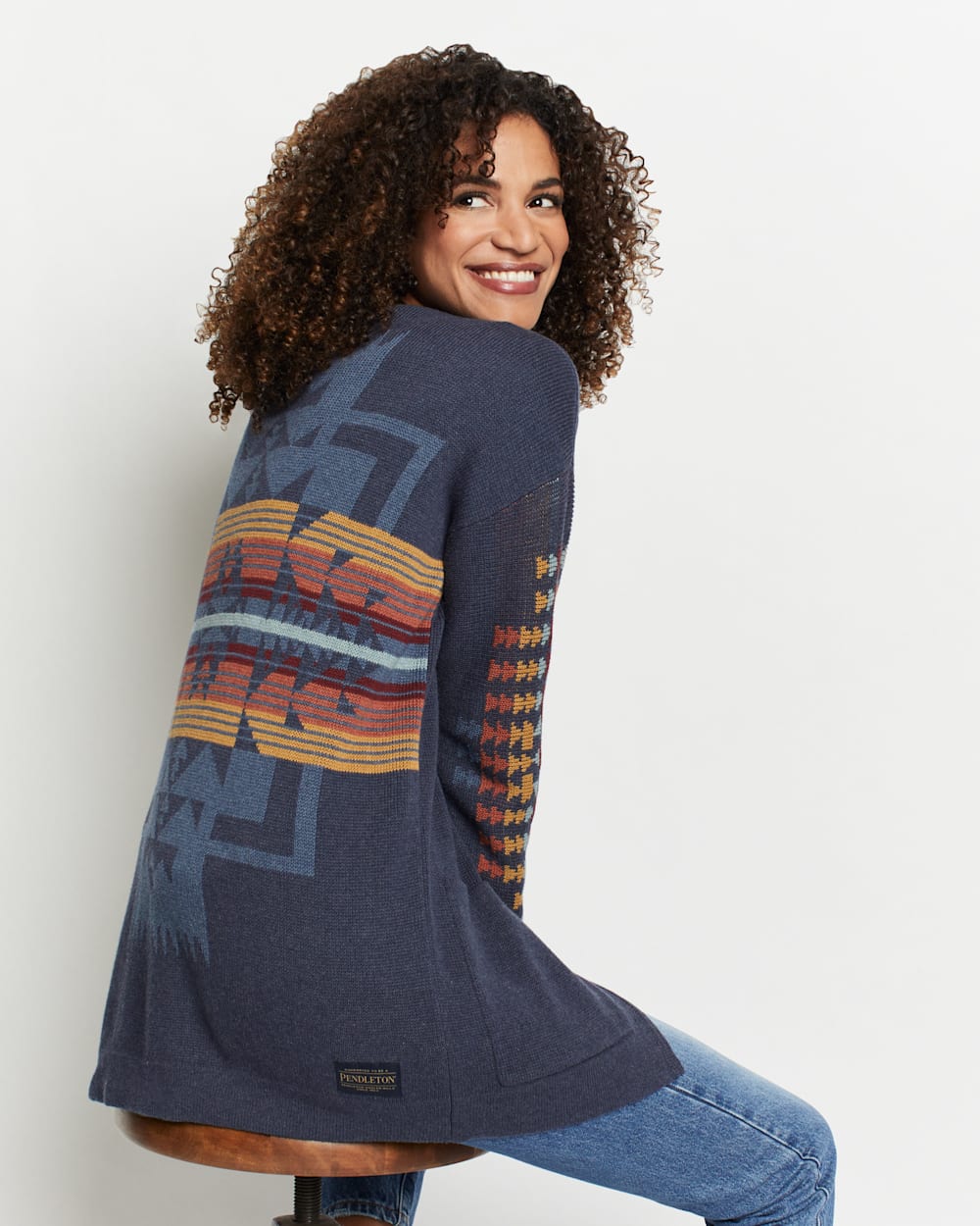ALTERNATE VIEW OF WOMEN'S GRAPHIC OPEN FRONT CARDIGAN IN NAVY CHIEF JOSEPH image number 2