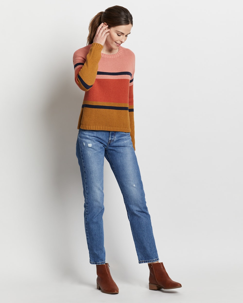 WOMEN'S RELAXED-FIT STRIPE PULLOVER IN PEANUT/CORAL MULTI image number 1