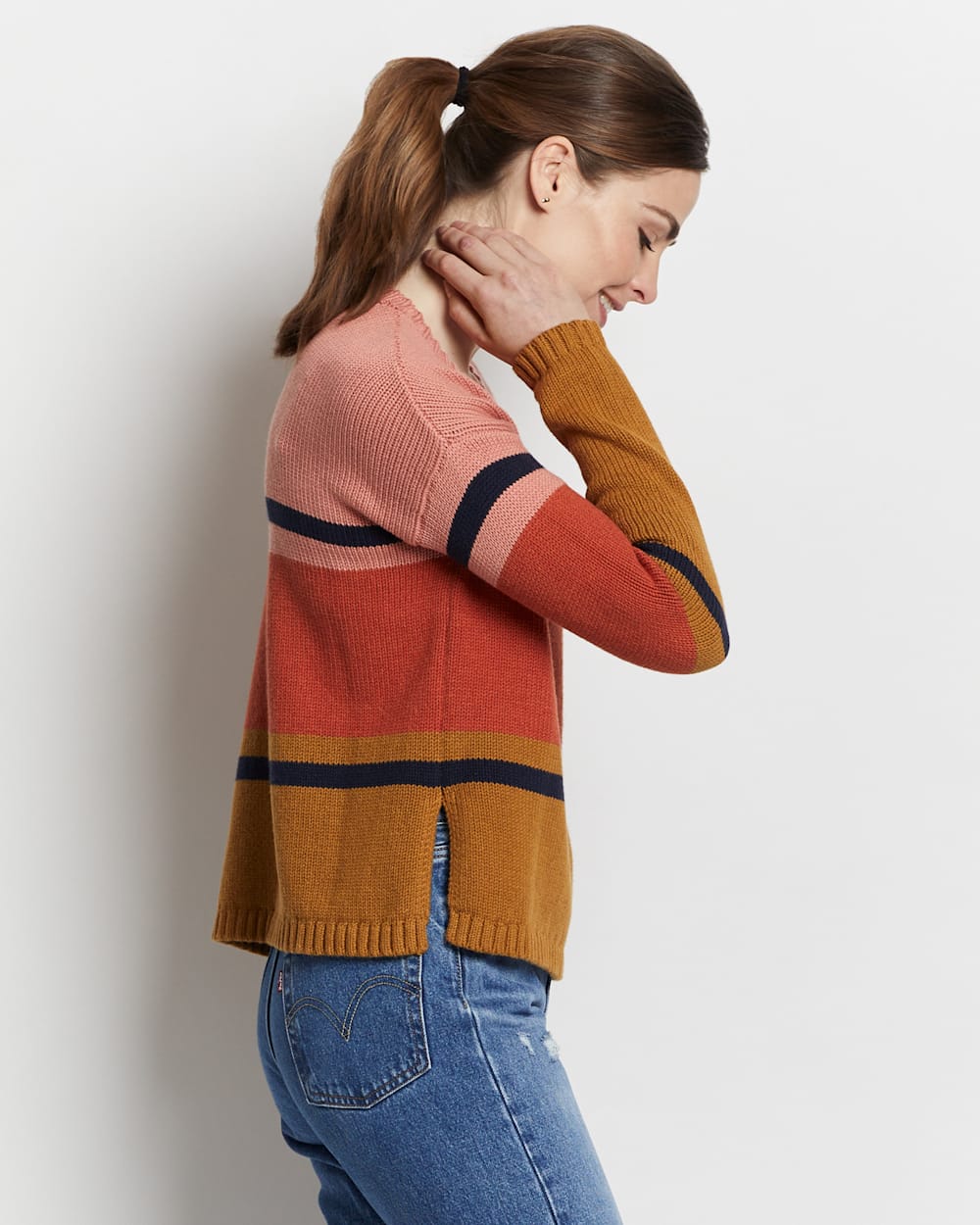 ALTERNATE VIEW OF WOMEN'S RELAXED-FIT STRIPE PULLOVER IN PEANUT/CORAL MULTI image number 3