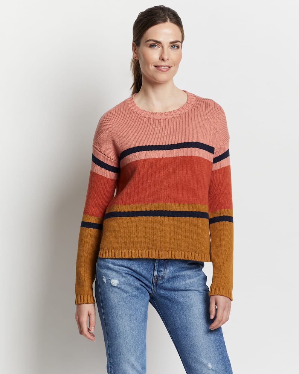 ALTERNATE VIEW OF WOMEN'S RELAXED-FIT STRIPE PULLOVER IN PEANUT/CORAL MULTI image number 5