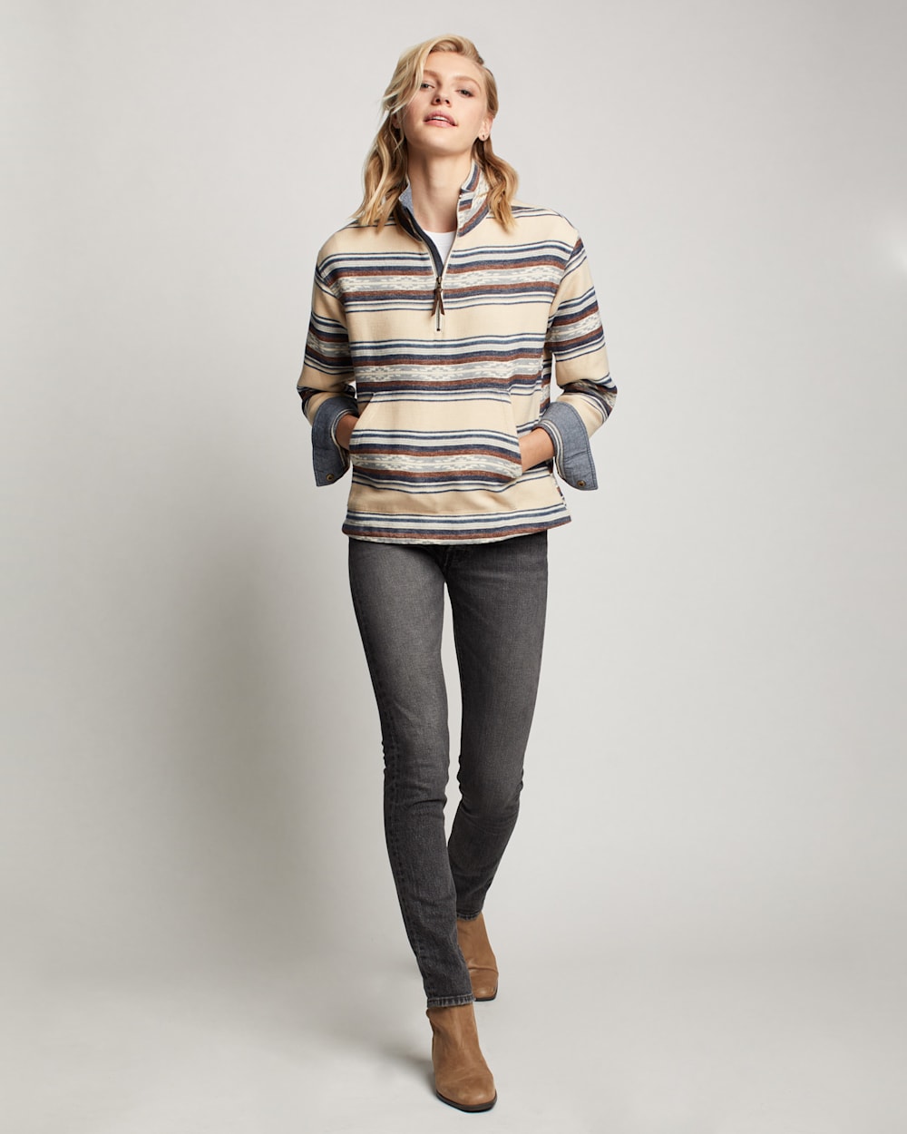WOMEN'S HALF-ZIP DOUBLESOFT PULLOVER IN TAN SALTILLO STRIPE image number 1