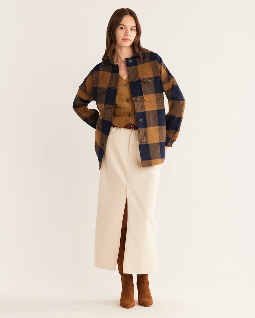 WOMEN'S WOOL SHIRT JACKET IN NAVY/CAMEL CHECK image number 1