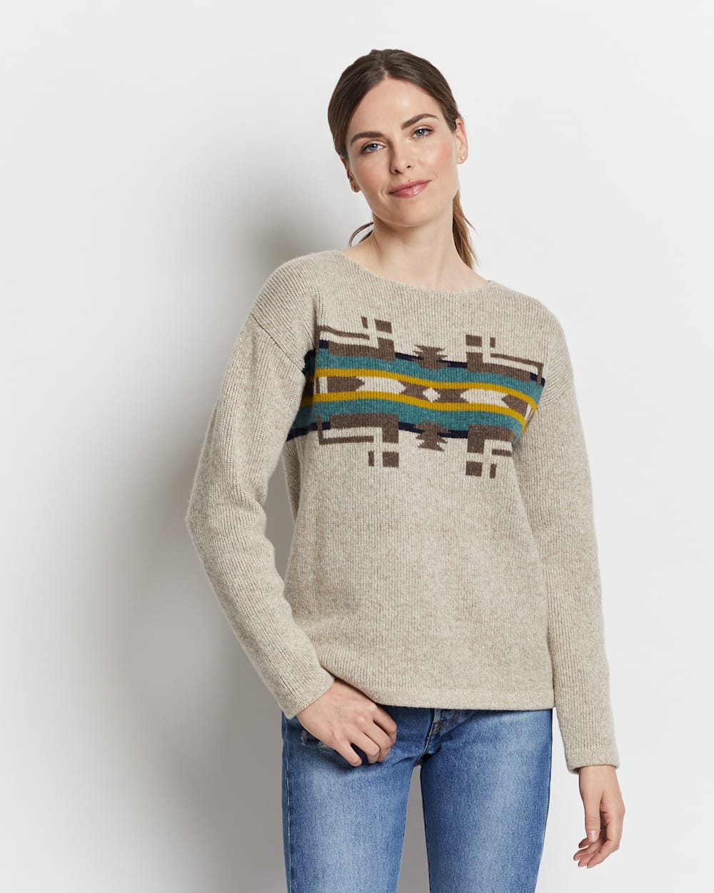 WOMEN'S DROP-SHOULDER LAMBSWOOL SWEATER IN NATURAL MULTI image number 1