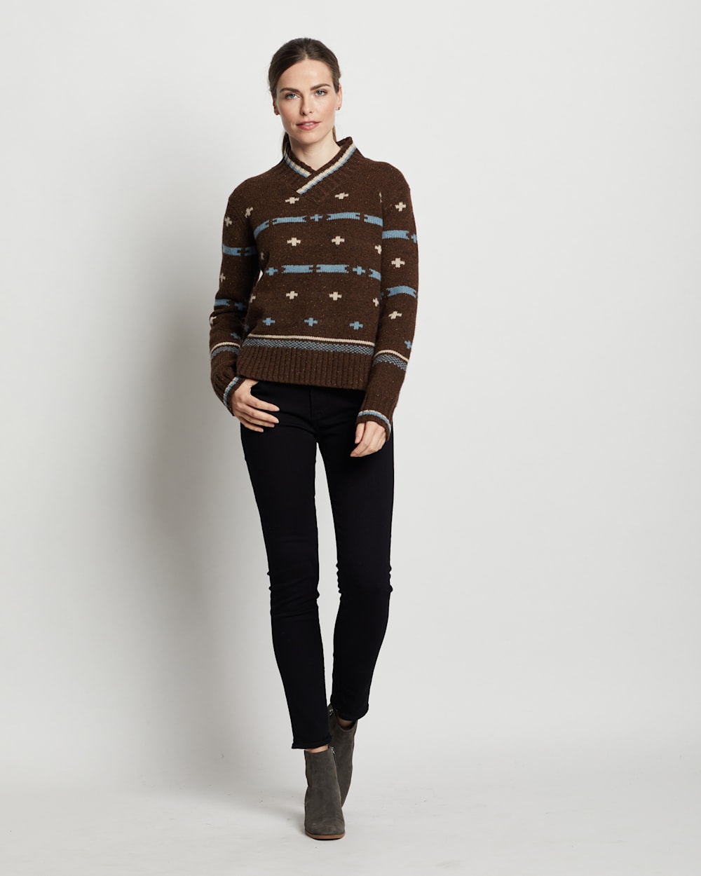 WOMEN'S HALLIE GRAPHIC MERINO SWEATER IN BROWN MULTI DONEGAL image number 1