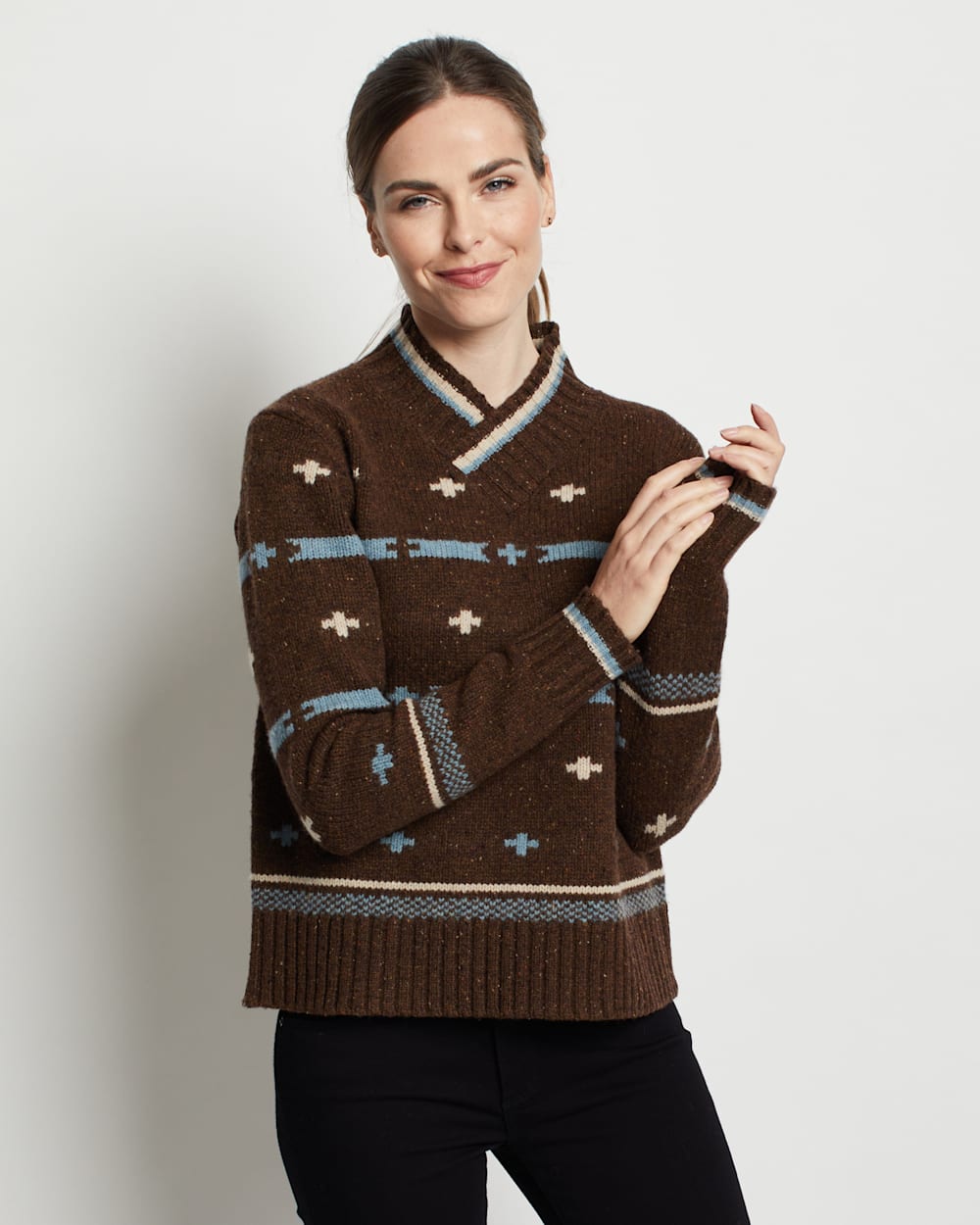 ALTERNATE VIEW OF WOMEN'S HALLIE GRAPHIC MERINO SWEATER IN BROWN MULTI DONEGAL image number 5