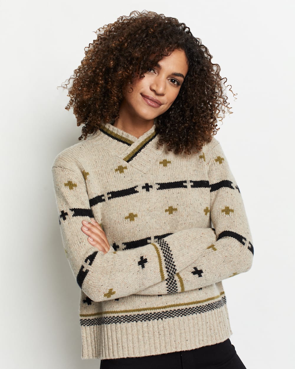 WOMEN'S HALLIE GRAPHIC MERINO SWEATER IN LIGHT OATMEAL MULTI DONEGAL image number 1